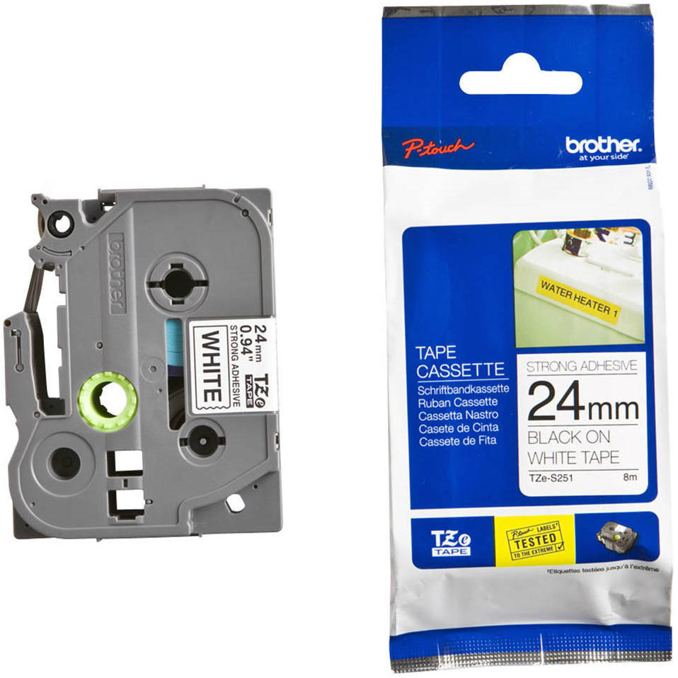Original Brother TZe-S251 Black On White 24mm x 8m Strong Adhesive Laminated P-Touch Label Tape (TZES251)