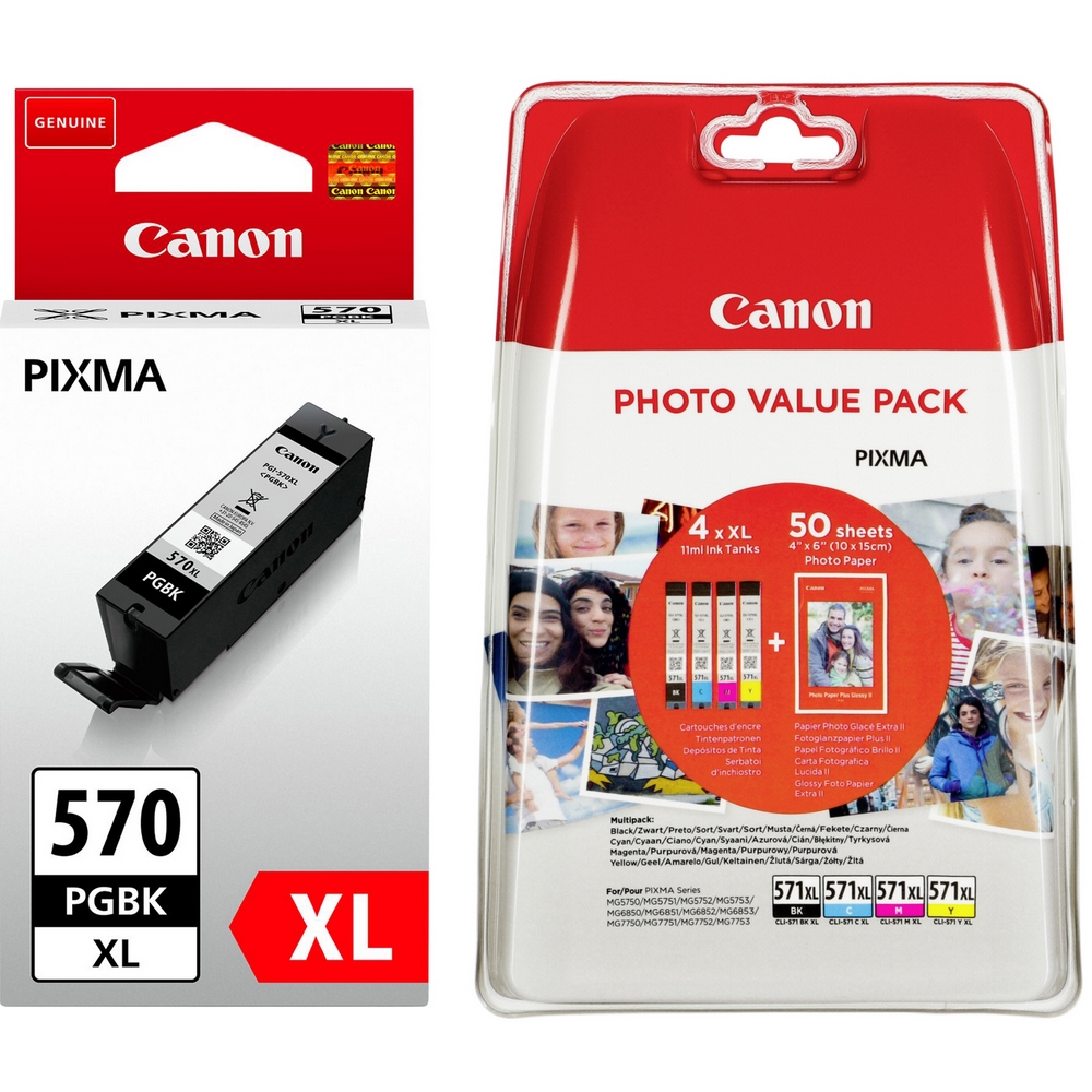 Original Canon PGI-570PGBKXL / CLI-571XL C, M, Y, K Multipack High Capacity Ink Cartridges & Paper (0318C001 / 0332C005)
