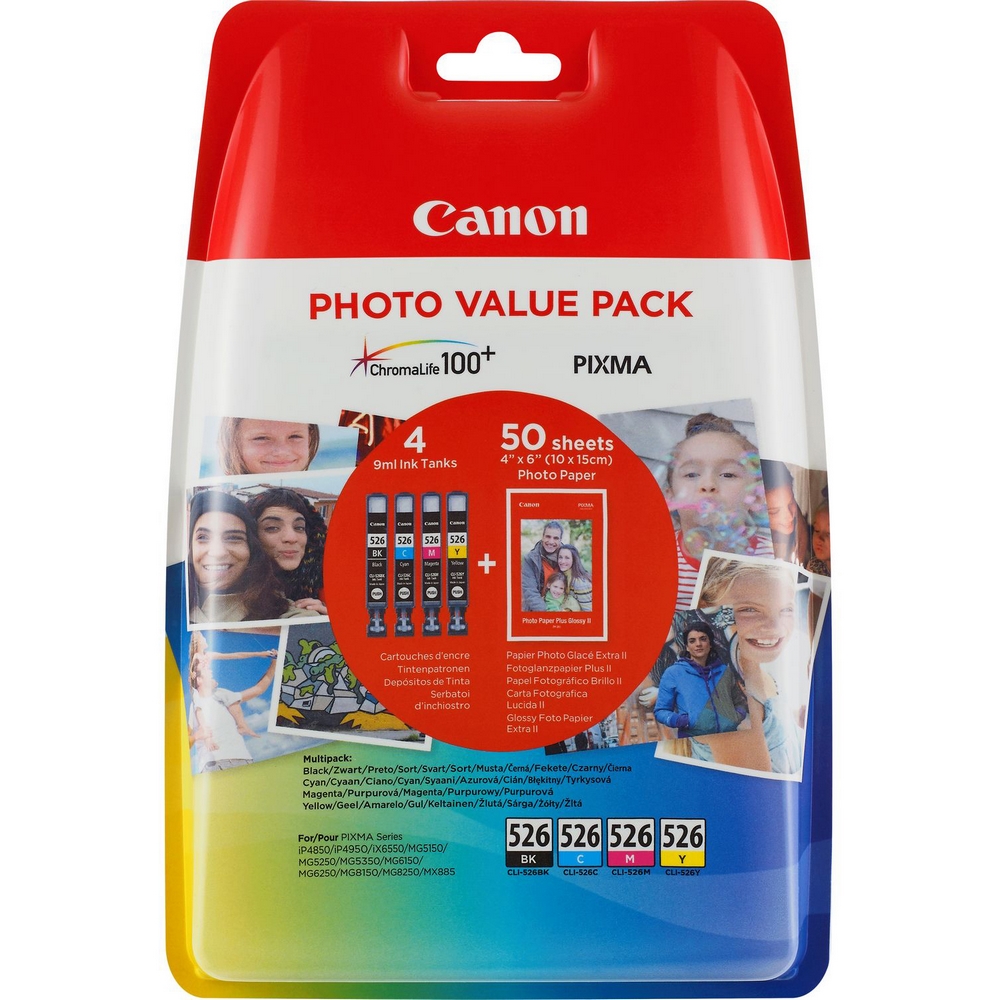Original Canon CLI-526 CMYK Multipack Ink Cartridges & Paper (4540B017)