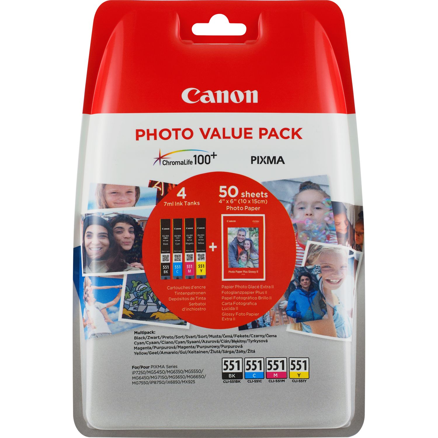 Original Canon CLI-551 CMYK Multipack Ink Cartridges & Paper (6508B005)