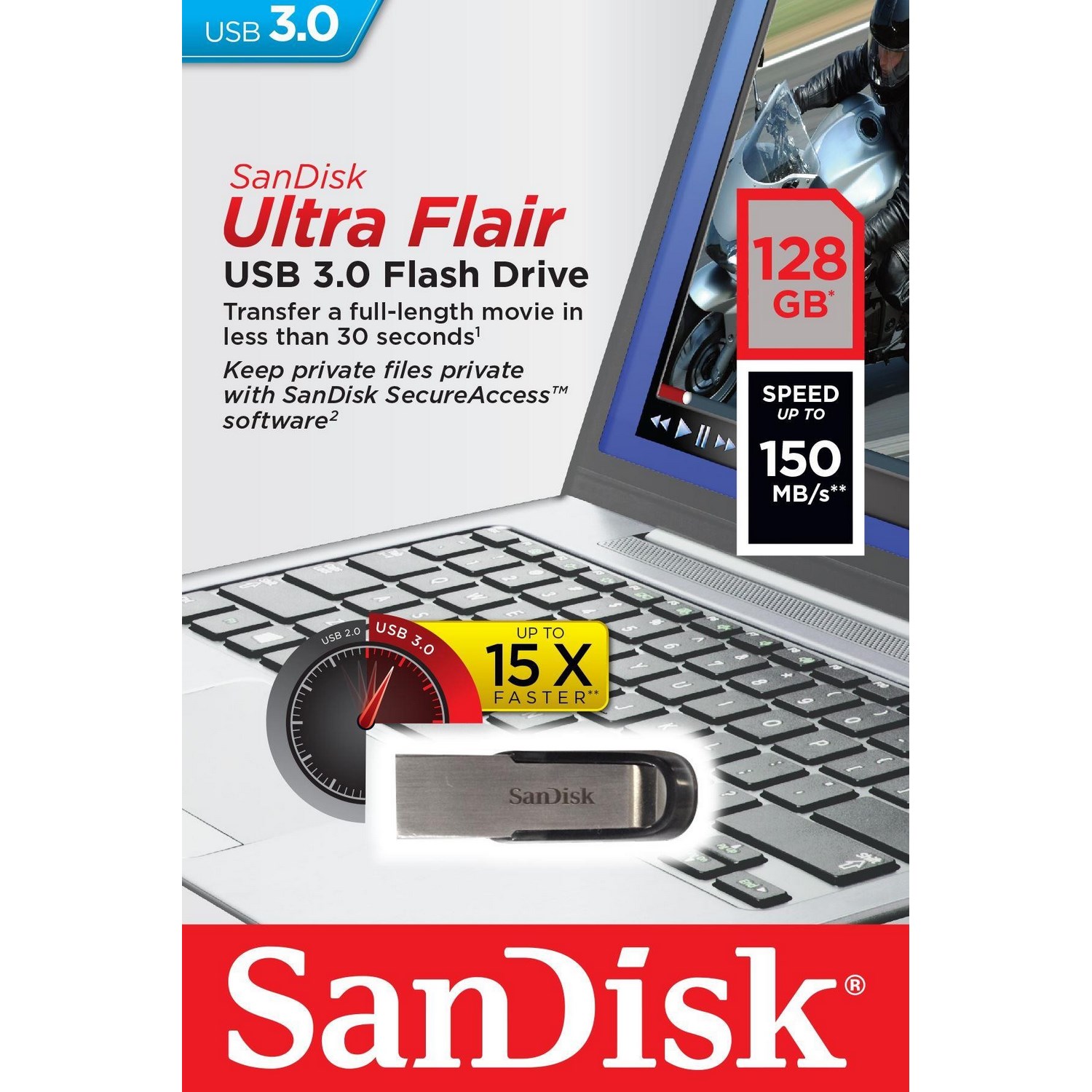 Original SanDisk Ultra Flair 128GB USB 3.0 Flash Drive (SDCZ73-128G-G46)