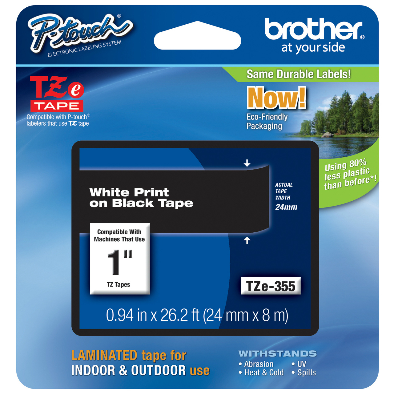 Original Brother TZe-355 White On Black 24mm x 8m Laminated P-Touch Label Tape (TZE355)