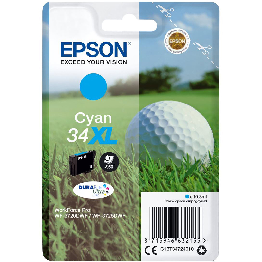 Original Epson 34XL Cyan High Capacity Ink Cartridge (C13T34724010) T3472 Golf Ball