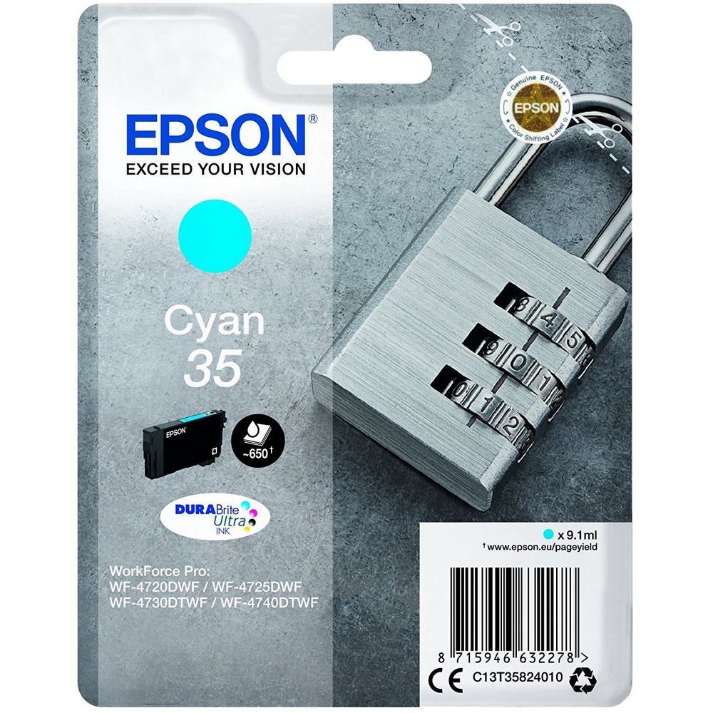 Original Epson 35 Cyan Ink Cartridge (C13T35824010) T3582 Padlock