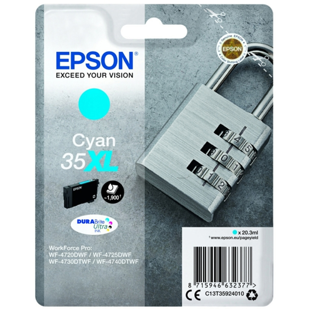 Original Epson 35XL Cyan High Capacity Ink Cartridge (C13T35924010) T3592 Padlock