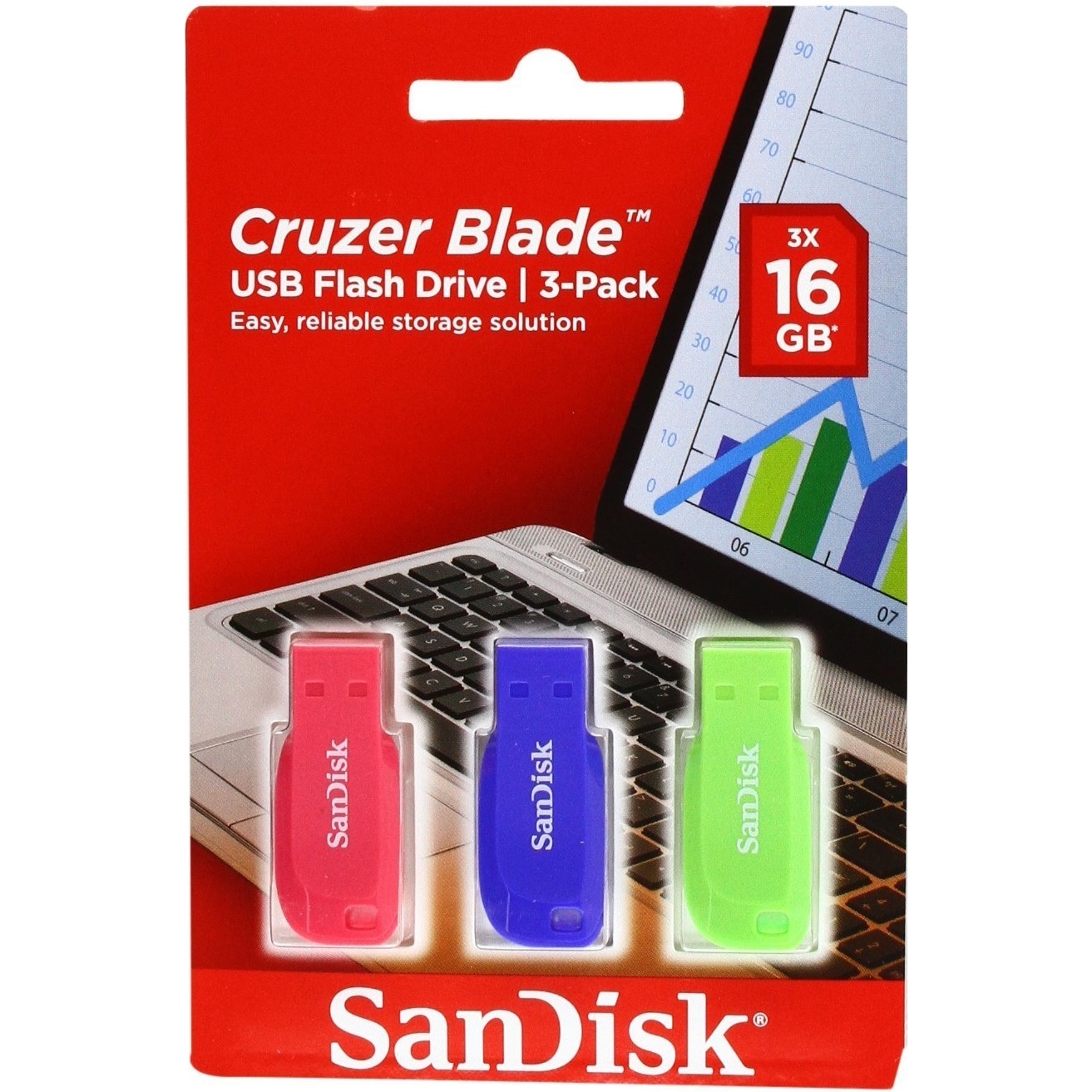 Original SanDisk Cruzer Blade 16GB Colour Triple Pack USB 2.0 Flash Drive (SDCZ50C016GB46T)