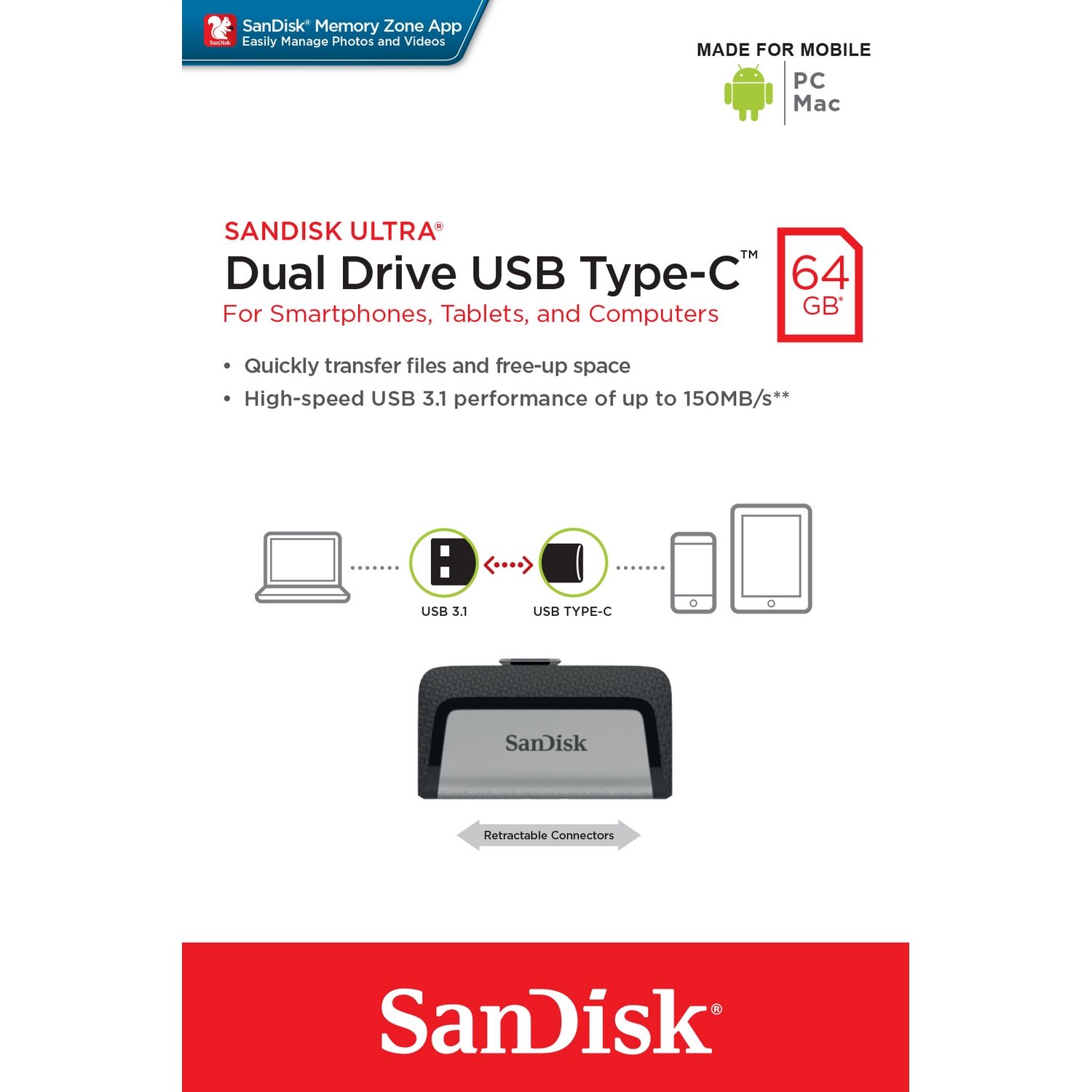 Original SanDisk Ultra 64GB Type C USB 3.1 Dual Flash Drive (SDDDC2-064G-G46)
