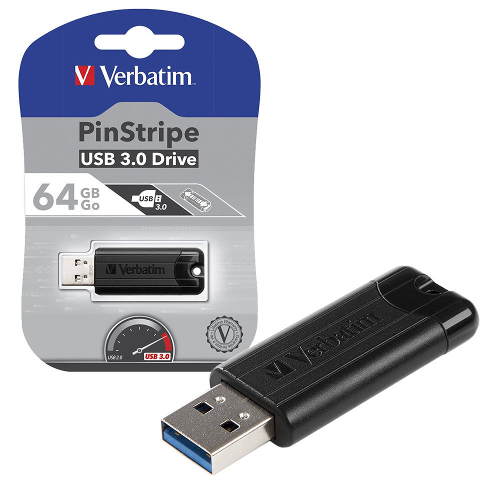 Original Verbatim Black PinStripe 64GB USB 3.0 Flash Drive (49318)