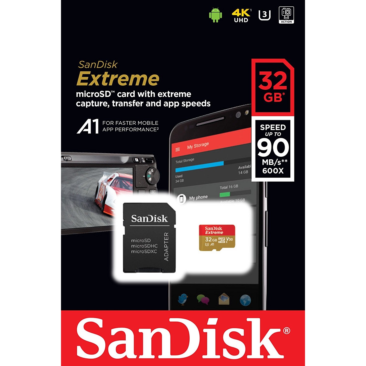 Original SanDisk Extreme 32GB MicroSDHC Memory Card Plus SD Adapter (SDSQXAF032GGN6MA)