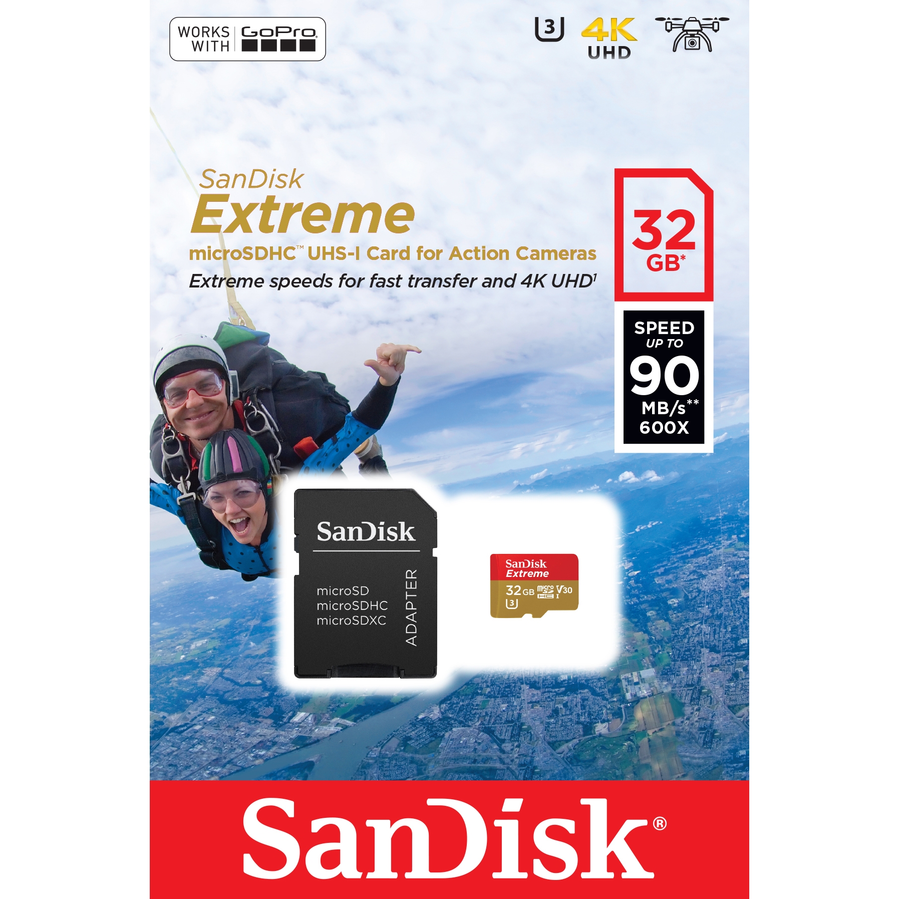 Original SanDisk Extreme 32GB MicroSDHC Memory Card + Adapter (SDSQXAF032GGN6AA)