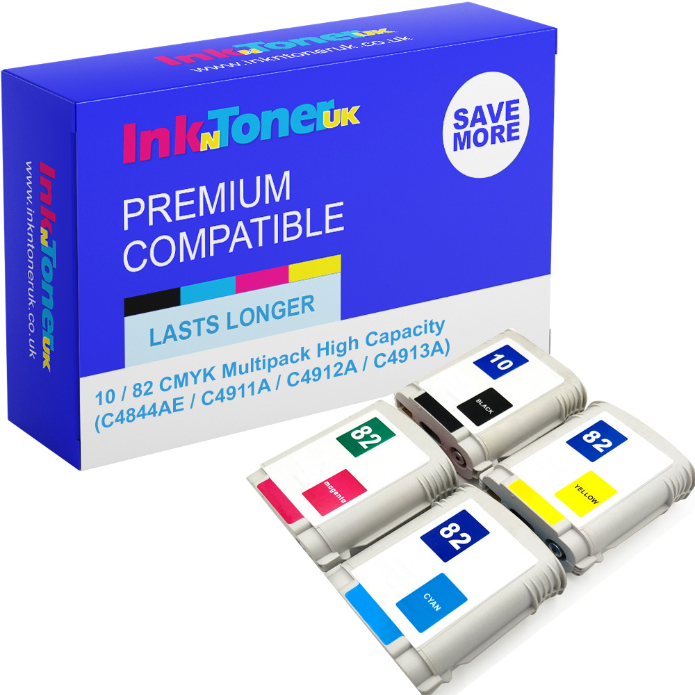 Premium Compatible HP 10 / 82 CMYK Multipack High Capacity Ink Cartridges (C4844AE / C4911A / C4912A / C4913A)