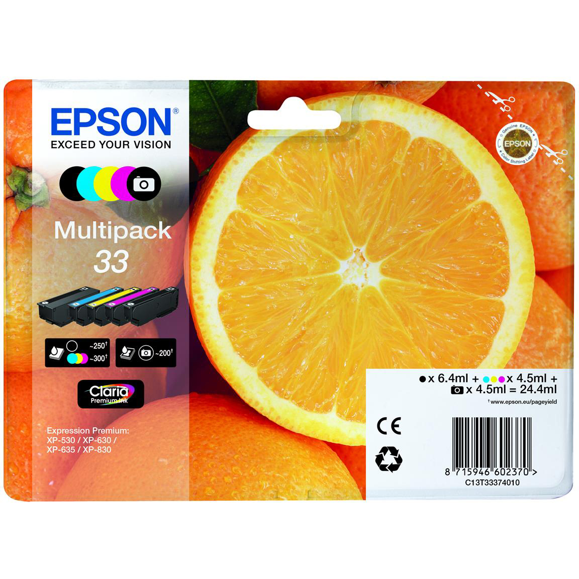Original Epson 33 C, M, Y, K, PBK Multipack Ink Cartridges (C13T33374011) T3337 Oranges