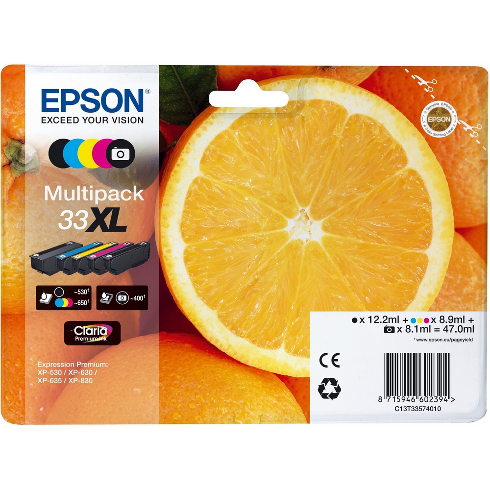 Original Epson 33XL C, M, Y, K, PBK Multipack High Capacity Ink Cartridges (C13T33574011) T3357 Oranges