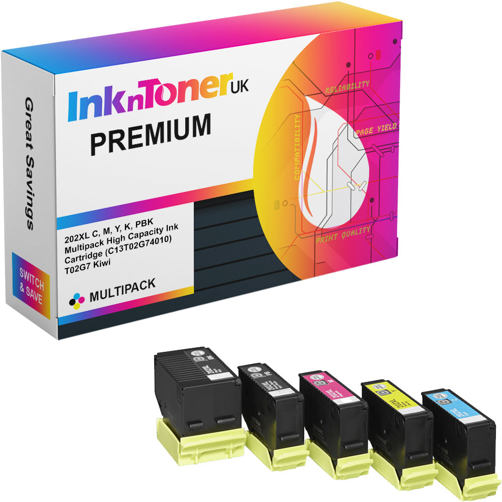 Premium Compatible Epson 202XL C, M, Y, K, PBK Multipack High Capacity Ink Cartridge (C13T02G74010) T02G7 Kiwi