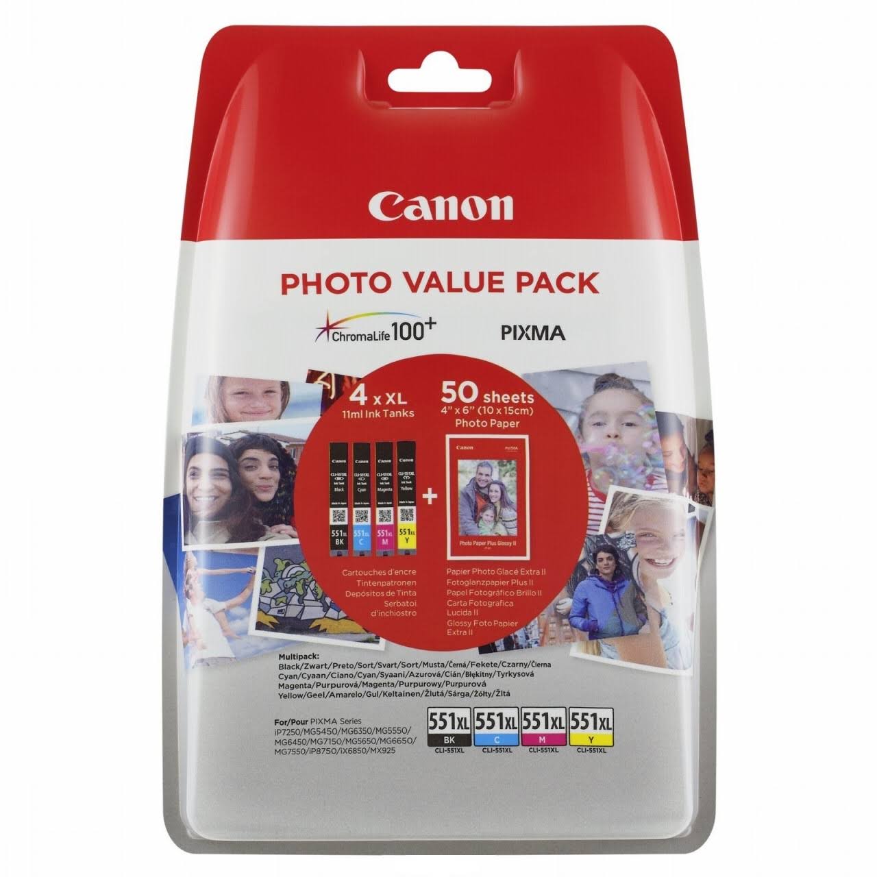 Original Canon CLI-551XL CMYK Multipack High Capacity Ink Cartridges & Paper (6443B006)