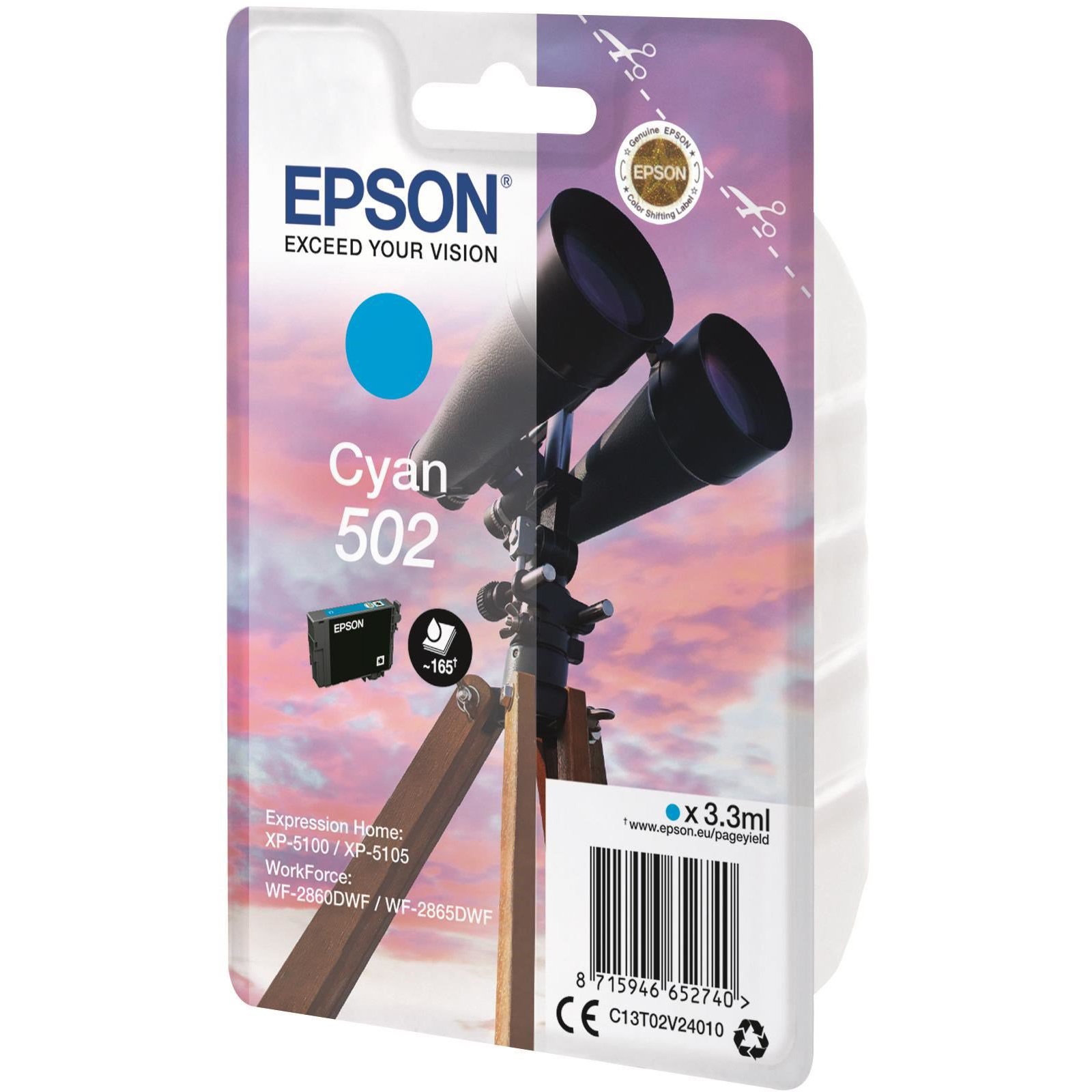 Original Epson 502 Cyan Ink Cartridge (C13T02V24010) T02V2 Binoculars
