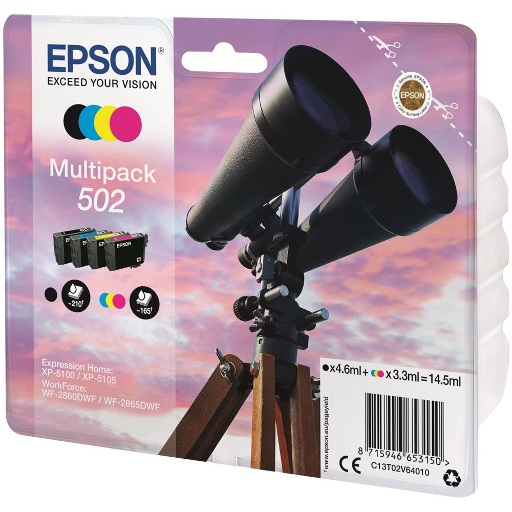 Original Epson 502 CMYK Multipack Ink Cartridges (C13T02V64010) T02V6 Binoculars