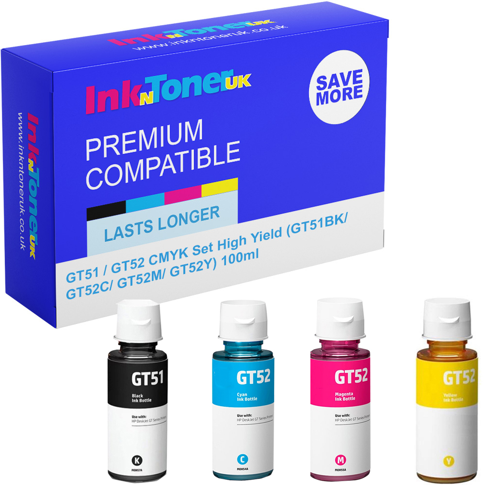 Premium Compatible HP GT51 / GT52 CMYK Multipack High Capacity Ink Bottles (GT51BK-100ML/ GT52C-100ML/ GT52M-100ML/ GT52Y-100ML)