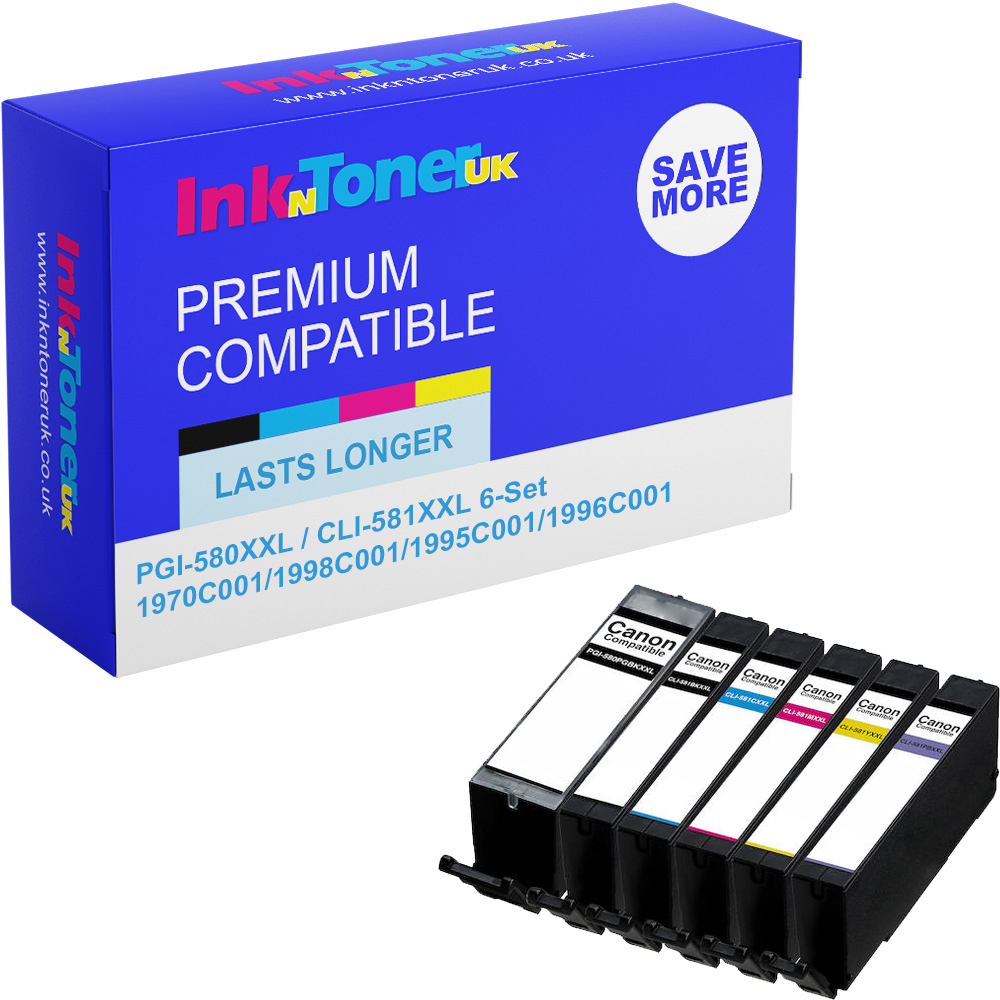 Premium Compatible Canon PGI-580XXL / CLI-581XXL Multipack Set Of 6 Extra High Capacity Ink Cartridges (1970C001/ 1998C001/ 1995C001/ 1996C001/ 1997C001/ 1999C001)