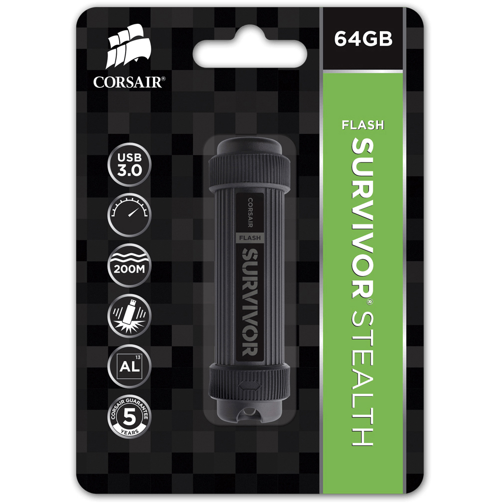 Original Corsair Flash Survivor Stealth 64GB USB 3.0 Flash Drive (CMFSS3B-64GB)