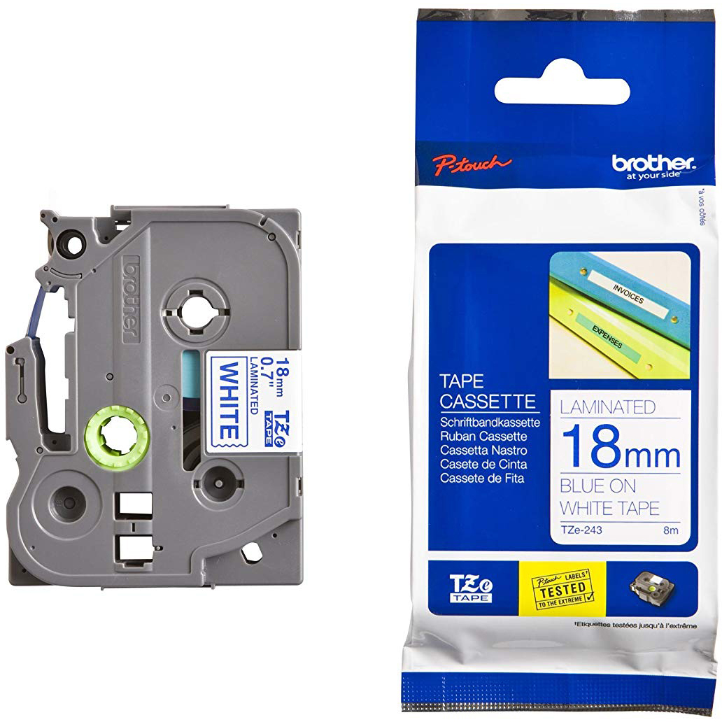 Original Brother TZe-243 Blue On White 18mm x 8m Laminated P-Touch Label Tape (TZe243)