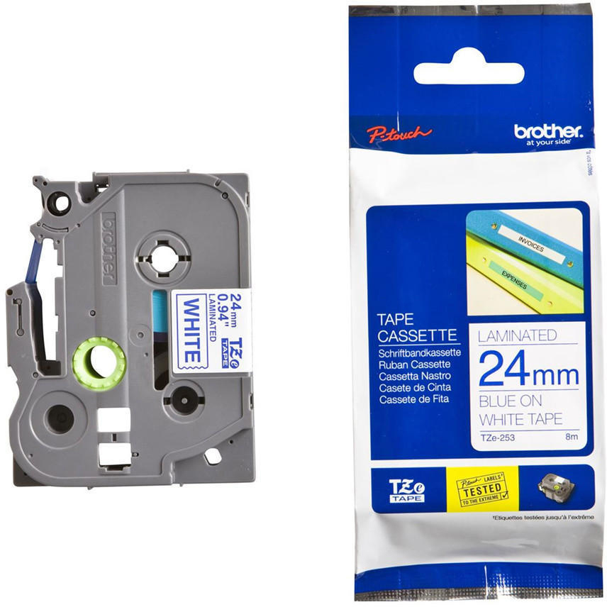 Original Brother TZe253 Blue On White 24mm x 8m Laminated P-Touch Label Tape (TZE-253)