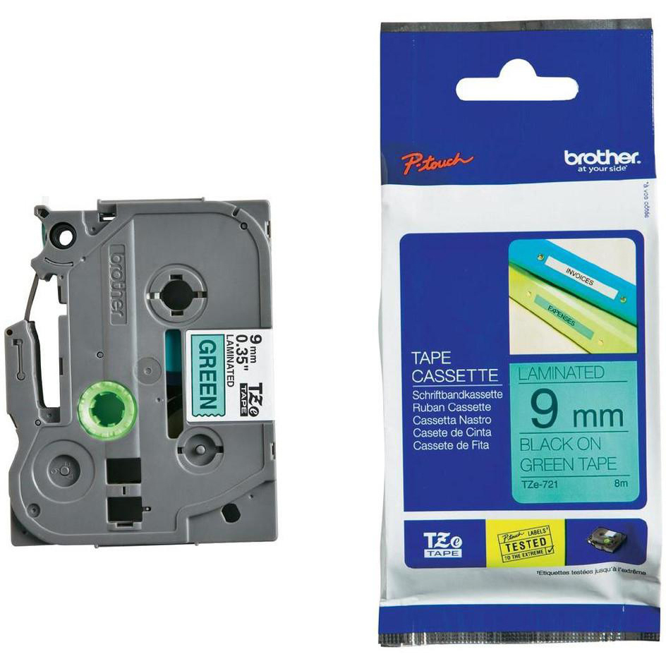 Original Brother TZe721 Black On Green 9mm x 8m Laminated P-Touch Label Tape (TZE-721)