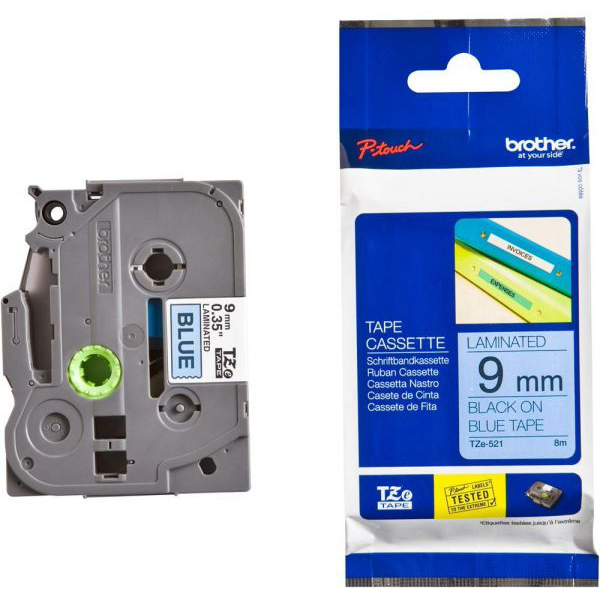 Original Brother TZe-521 Black On Blue 9mm x 8m Laminated P-Touch Label Tape (TZe521)