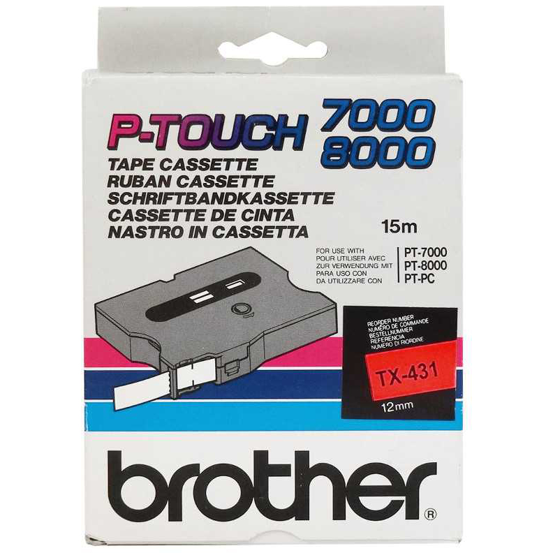 Original Brother TX-431 Black On Red 12mm x 15m P-Touch Label Tape (TX431)