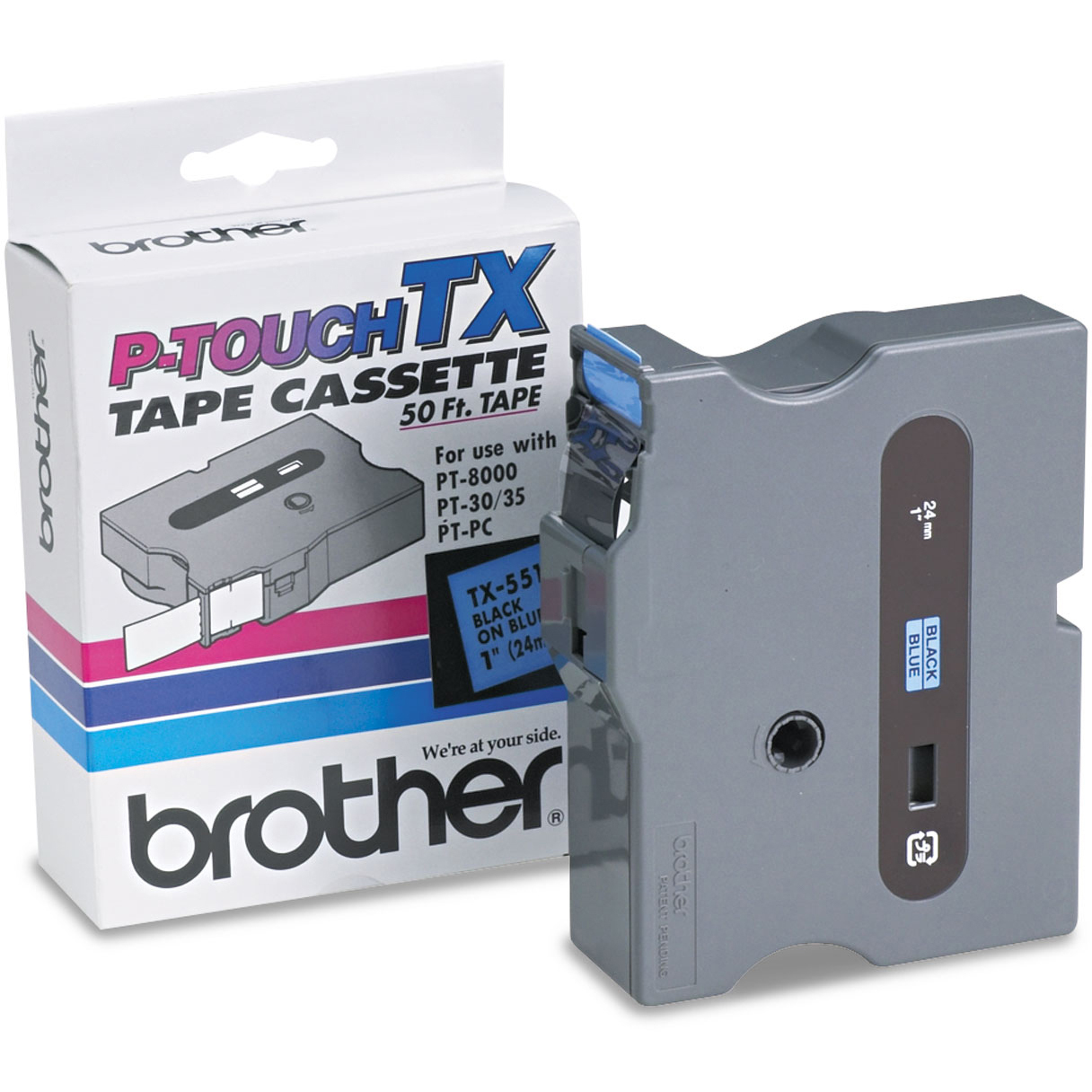 Original Brother TX-551 Black On Blue 24mm x 15m Laminated P-Touch Label Tape (TX551)