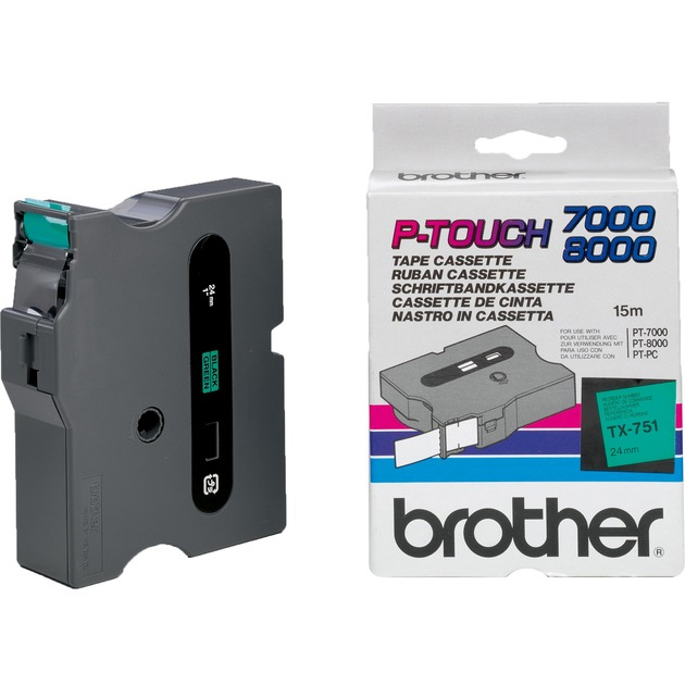 Original Brother TX-751 Black On Green 24mm x 15m Laminated P-Touch Label Tape (TX751)