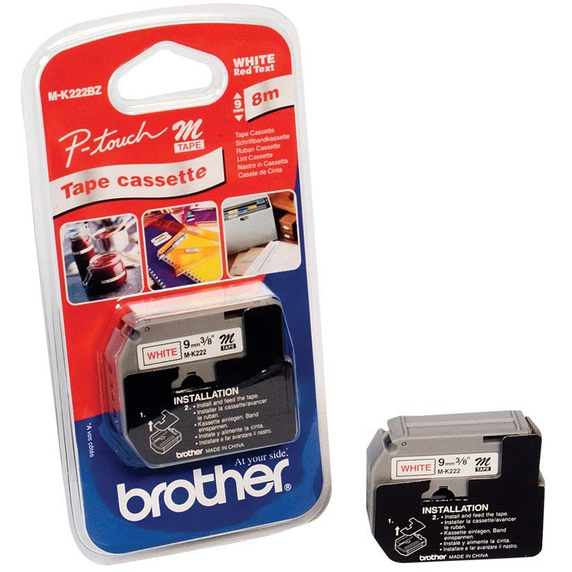 Original Brother MK-222BZ Red On White 9mm x 8m Laminated P-Touch Adhesive Labelling Tape (MK222BZ)