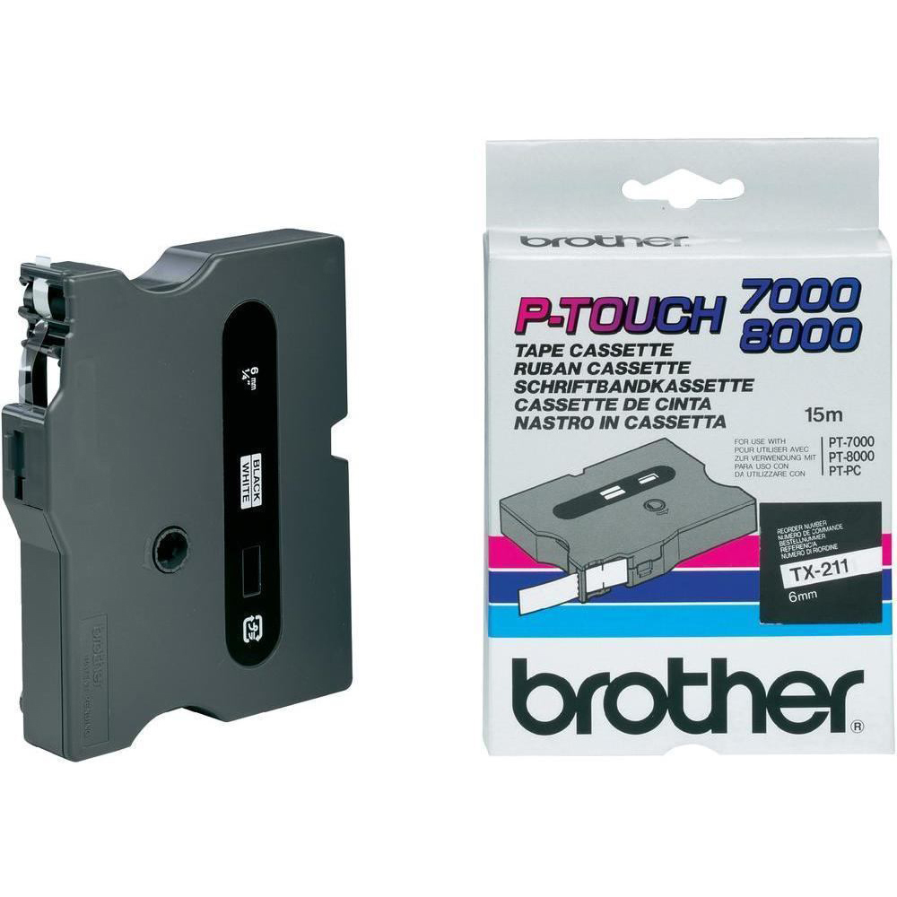 Original Brother TX-211 Black On White 6mm x 15m Label Tape Cassette (TX211)