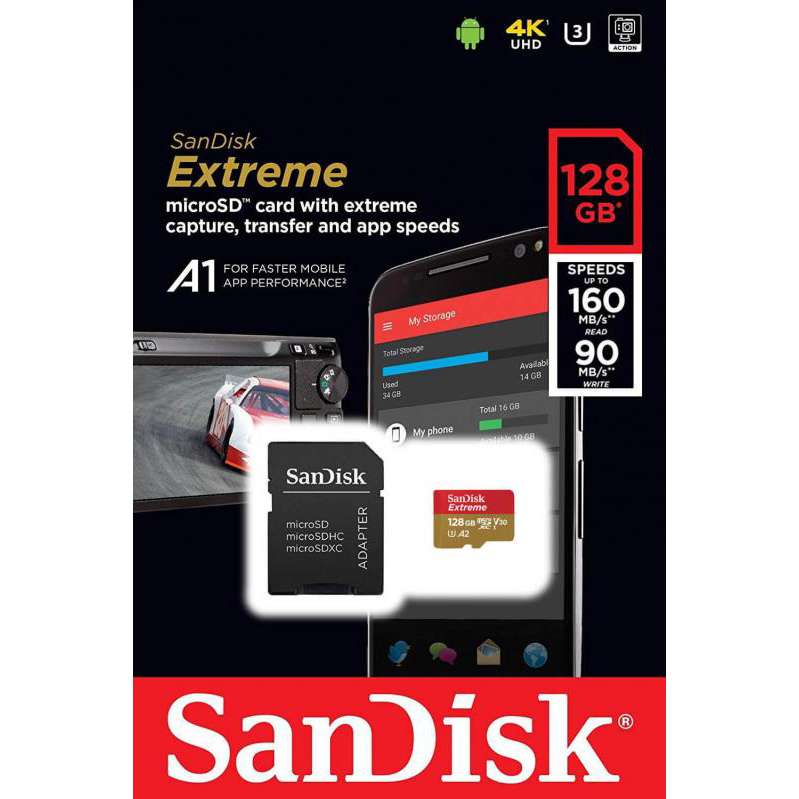 Original SanDisk Extreme Class 10 128GB MicroSDXC Memory Card + SD Adapter (SDSQXA1128GGN6MA)