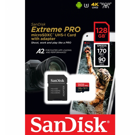 Original SanDisk Extreme Pro Class 10 128GB microSDXC Memory Card + SD Adapter (SDSQXCY128GGN6MA)