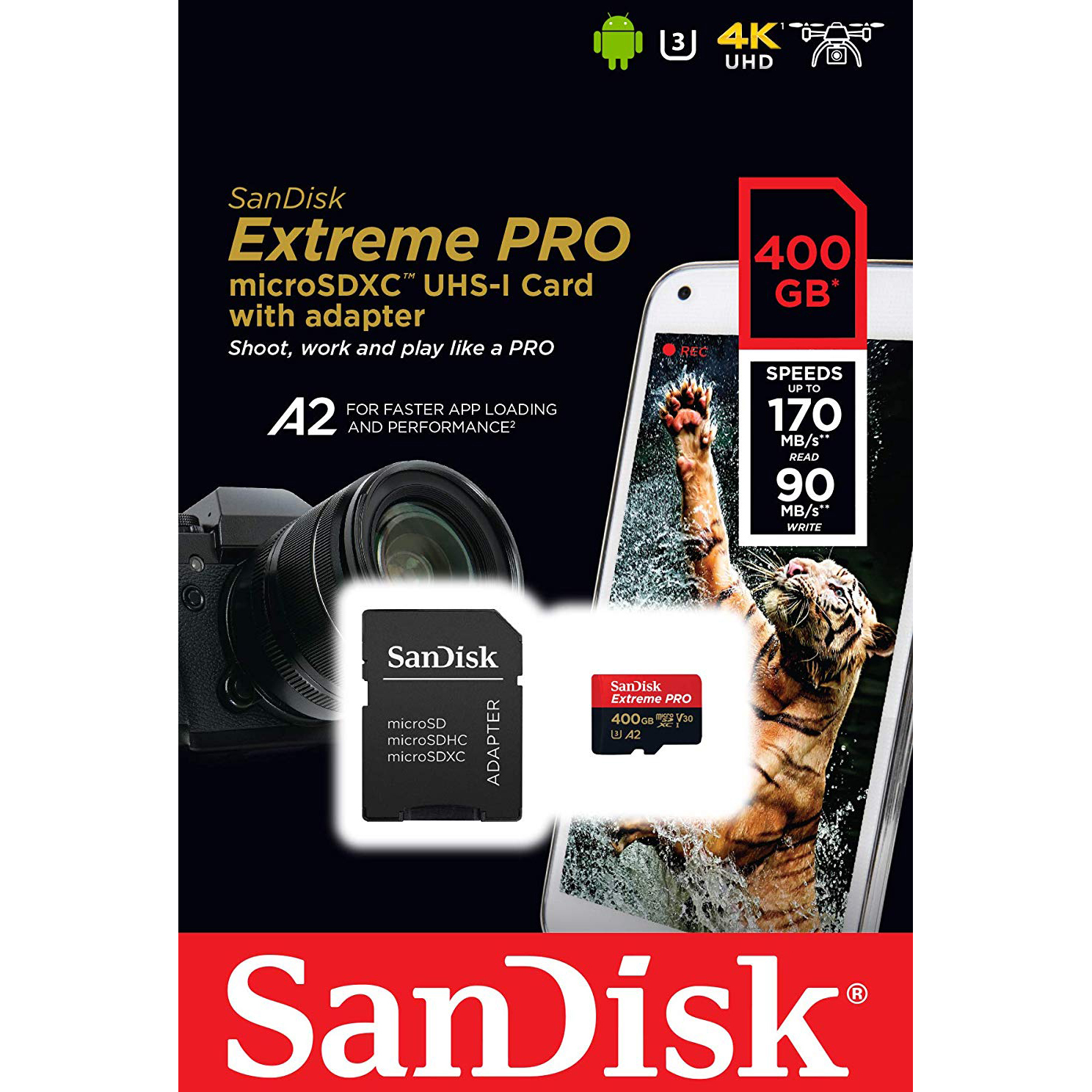Original SanDisk Extreme Pro Class 10 400GB microSDXC Memory Card + SD Adapter (SDSQXCZ400GGN6MA)