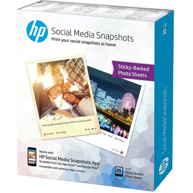Original HP Social Media Snapshots 10x13cm Removable Sticky Photo Paper - 25 sheets (W2G60A)