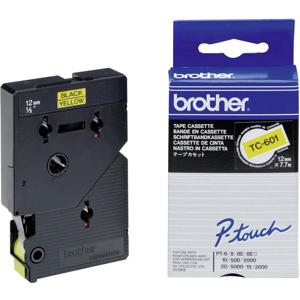 Original Brother TC-601 Black on Yellow 12mm x 8m Label Tape (TC601)