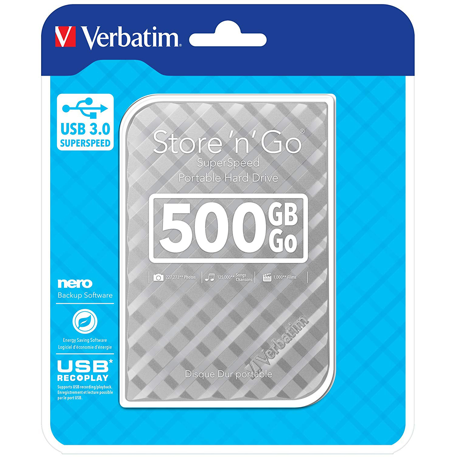 Original Verbatim Store 'N' Go 500GB Silver USB 3.0 External Hard Drive (53196)