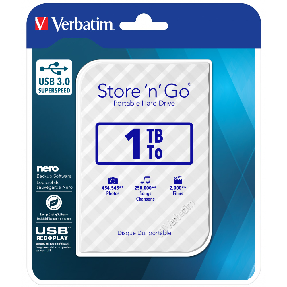 Original Verbatim Store 'N' Go 1TB White USB 3.0 External Hard Drive (53206)