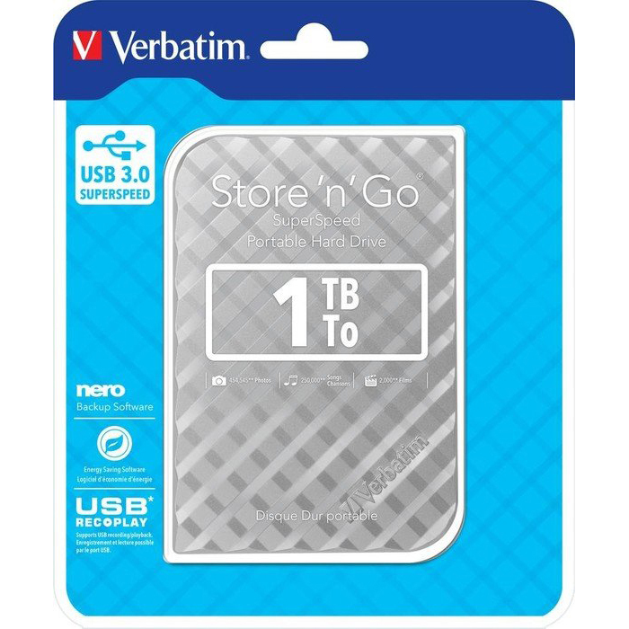 Original Verbatim Store 'N' Go 1TB Silver USB 3.0 External Hard Drive (53197)