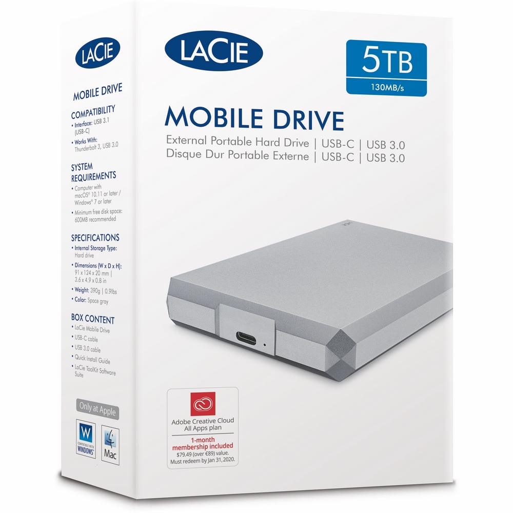 Original LaCie Mobile Drive 5TB USB 3.0 External Hard Drive (STHG5000400)