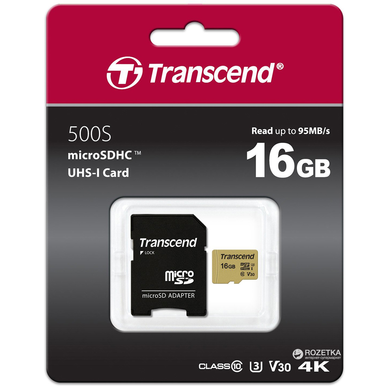 Original Transcend 500S 16GB microSDHC Memory Card + SD Adapter (TS16GUSD500S)