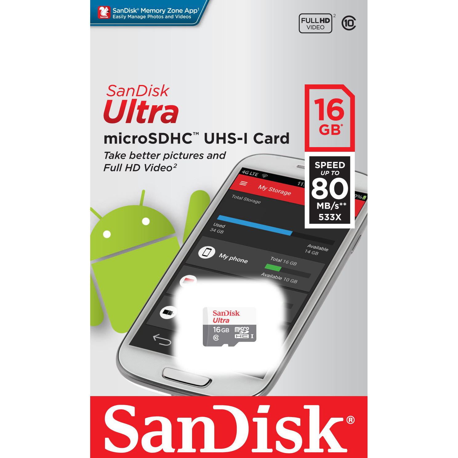 Original SanDisk Ultra Class 10 16GB microSDHC Memory Card (SDSQUNS016GGN3MN)