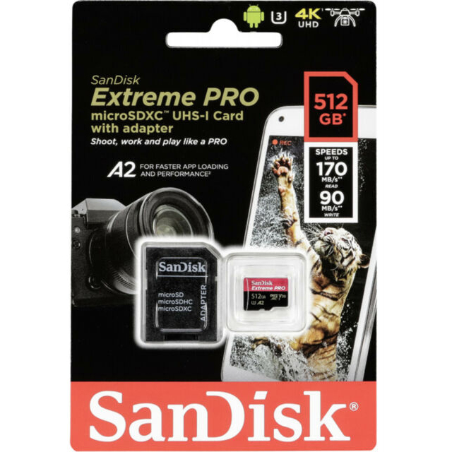Original SanDisk Extreme Pro Class 10 512GB microSDXC Memory Card + SD Adapter (SDSQXCZ-512G-GN6)