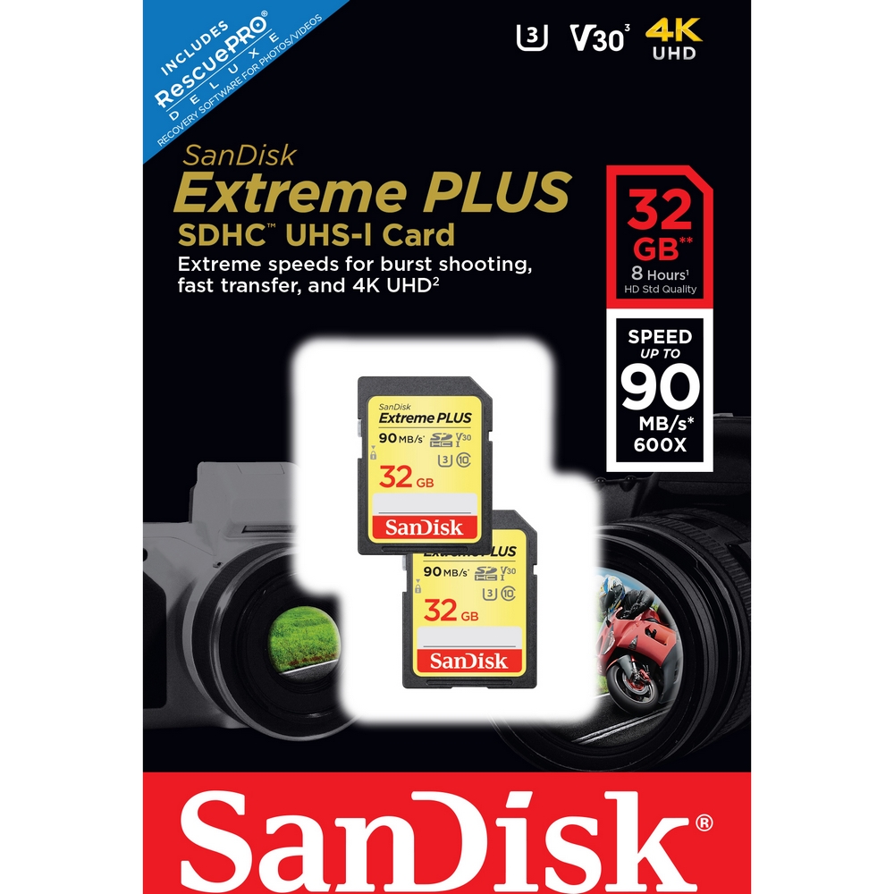 Original SanDisk Extreme Plus 32GB SDHC Memory Card 2-Pack (SDSDXWF032GGNC2)