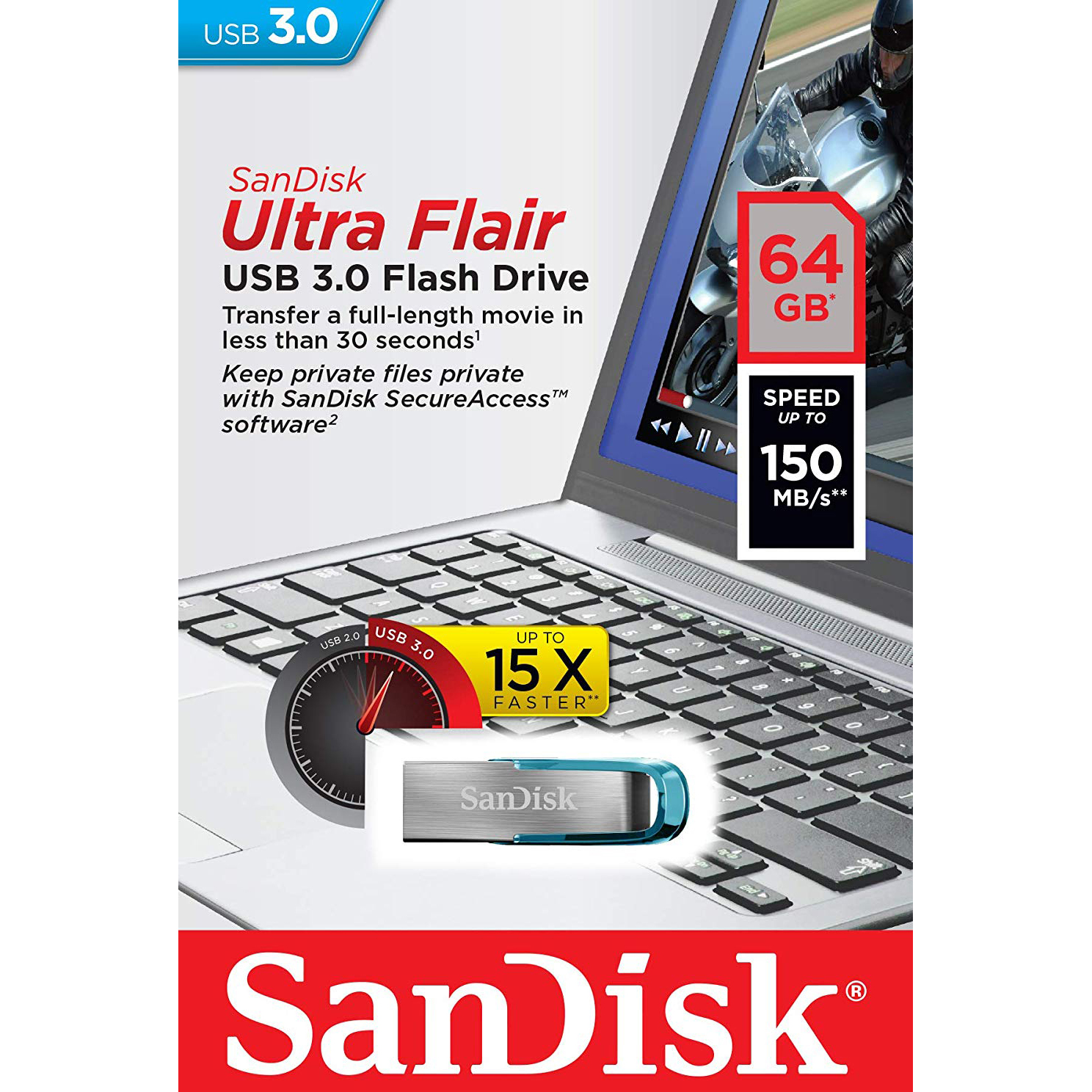 Original SanDisk Ultra Flair 64GB Blue USB 3.0 Flash Drive (SDCZ73-064G-G46B)