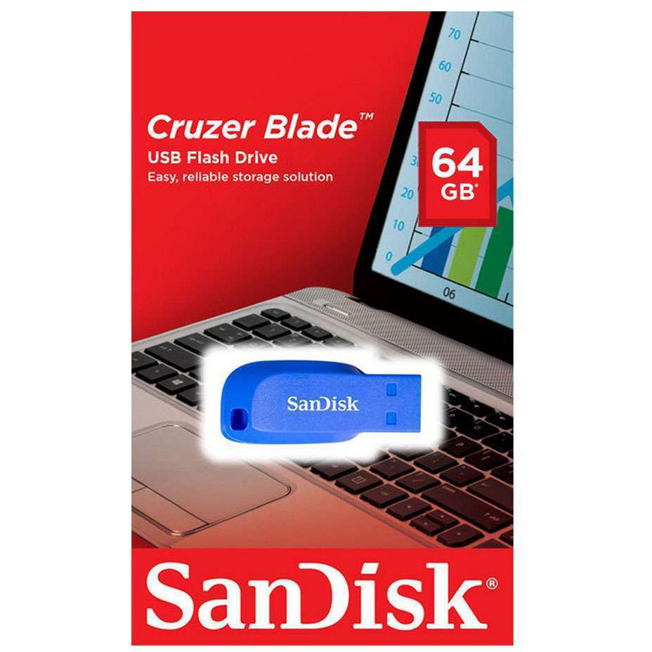 Original SanDisk Cruzer Blade 64GB Blue USB 2.0 Flash Drive (SDCZ50C064GB35BE)