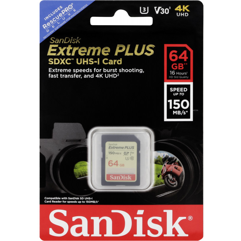Original SanDisk Extreme Plus Class 10 64GB SDXC Memory Card (SDSDXW6-064G-GNCIN)