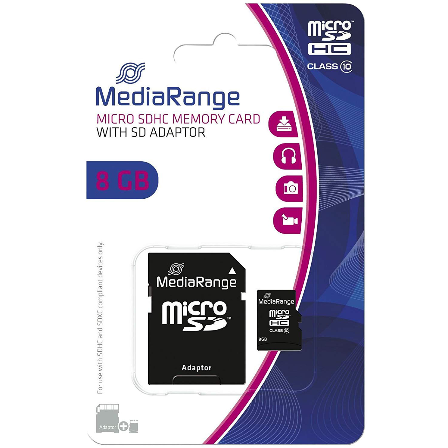 Original Mediarange Class 10 8GB microSDHC Memory Card + SD Adapter (MR957)